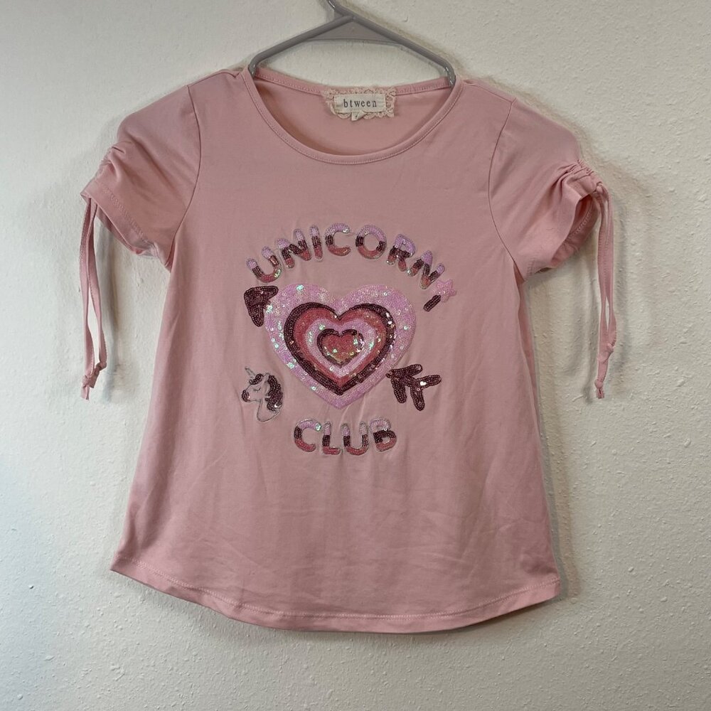 Btween Girls Pink Unicorn Club Sequin Tie-Sleeve T-Shirt Size 10 - Picture 2 of 11